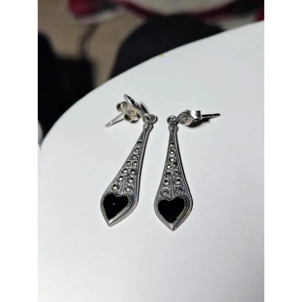 925 Silver Marcasite Black Heart Earrings